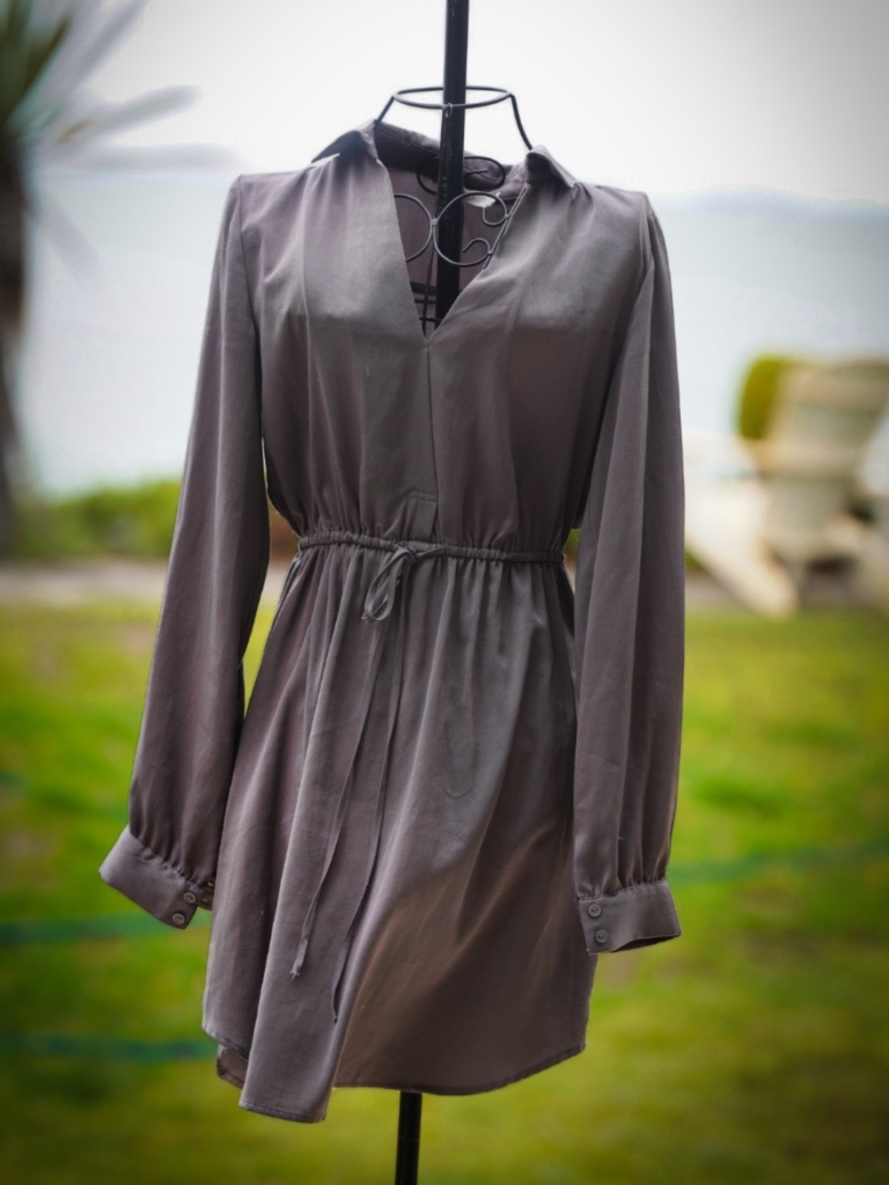 Lush Gray Long Sleeve V-Neck Drawstring Waist Shirt Dress - Small